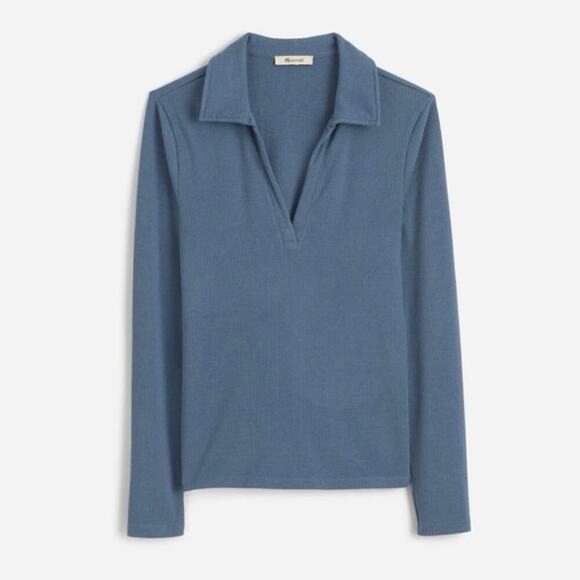 Madewell Drapey Rib Long Sleeve Polo Top Teapot Blue Size XS NWT - Picture 1 of 8